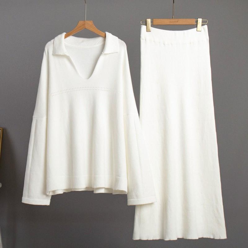 Womens Knit Set Winter Casual V-Neck Sweater Skirt Two-Piece Outfit Loose Fit Comfortable Daily Wear