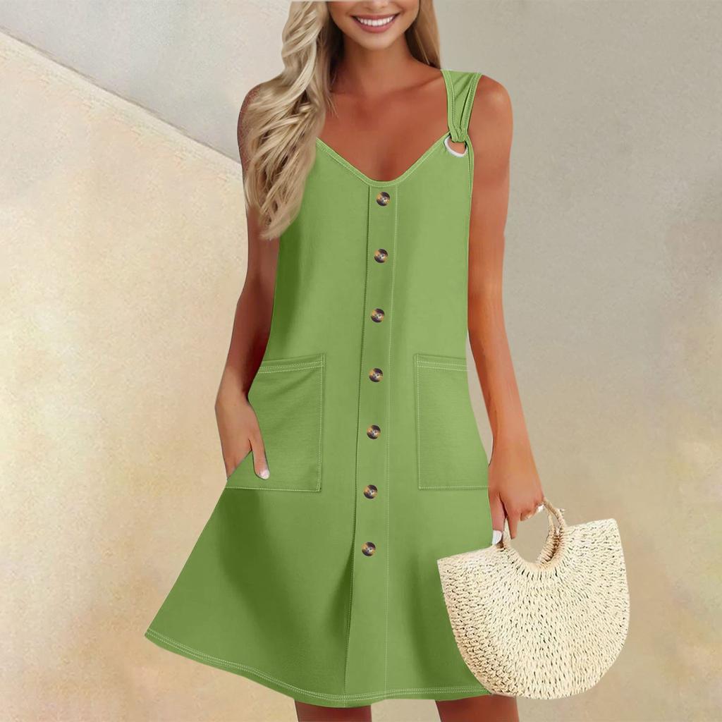 Women's Summer Dress Sleeveless Spring Solid Color Sundress With Pockets