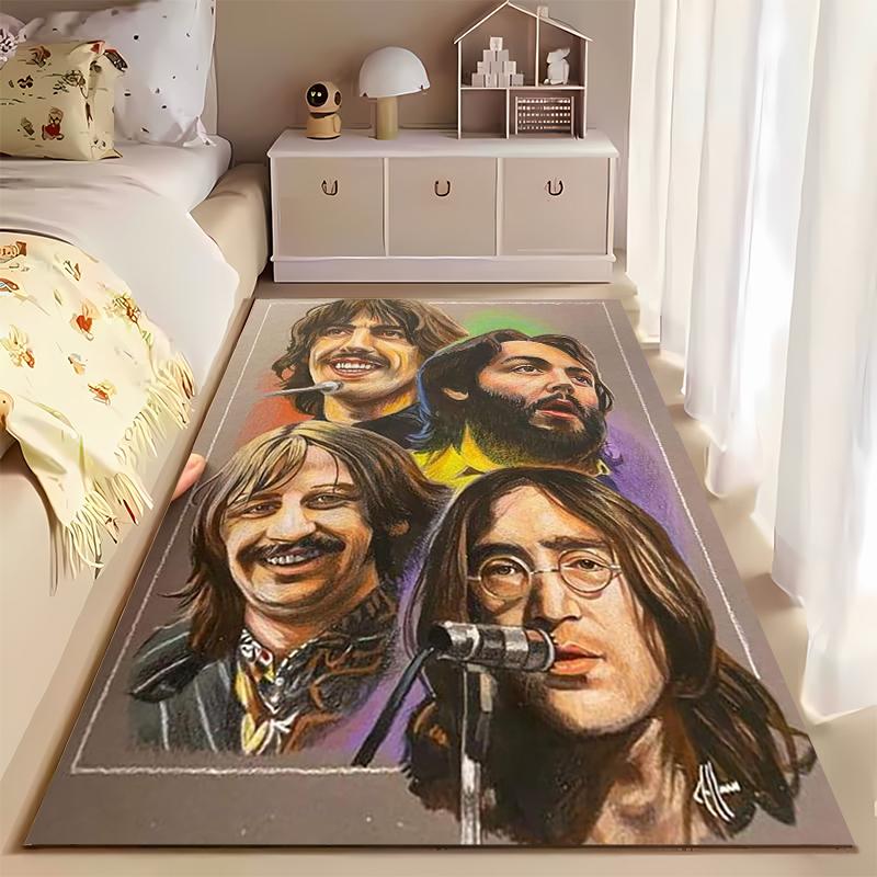Коврик для пола Rock Band, Портрет четырех участников The Beatles цветными карандашами, Принт с микрофоном, Декор комнаты любителя музыки, Нескользящий коврик