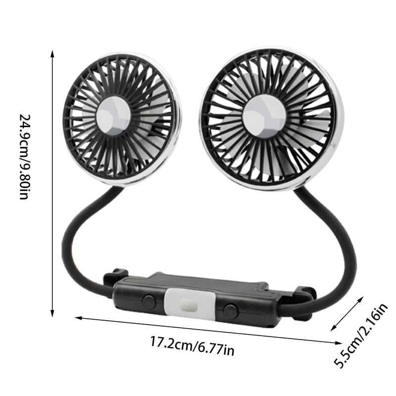 Автомобильный вентилятор для заднего сиденья с двумя головками, USB-вентилятором для автомобиля со светодиодной подсветкой, 3 скоростями и вращением на 360 градусов, регулируемым вентилятором с двумя головками и зажимом для