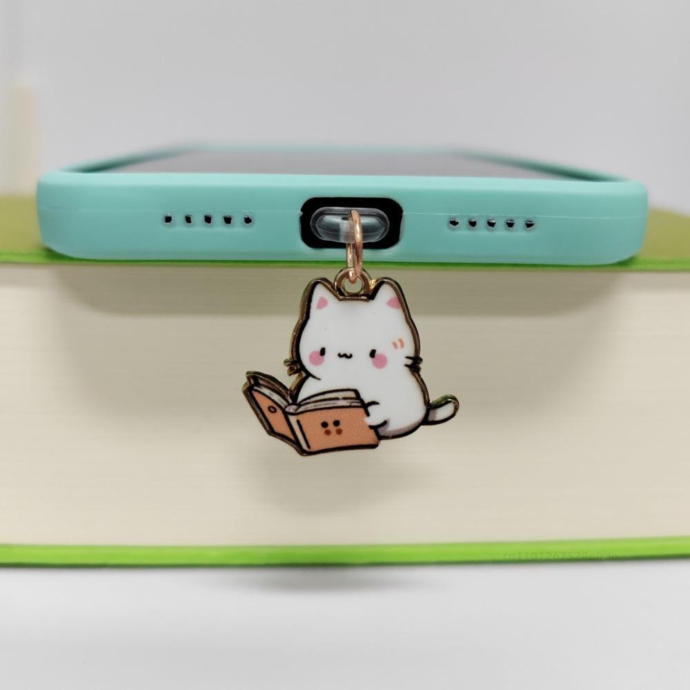 Кавайная заглушка от пыли Читающий кот Заглушка для порта зарядки для iPhone Type C Защитная заглушка Украшение Подвеска для телефона Дамский подарок