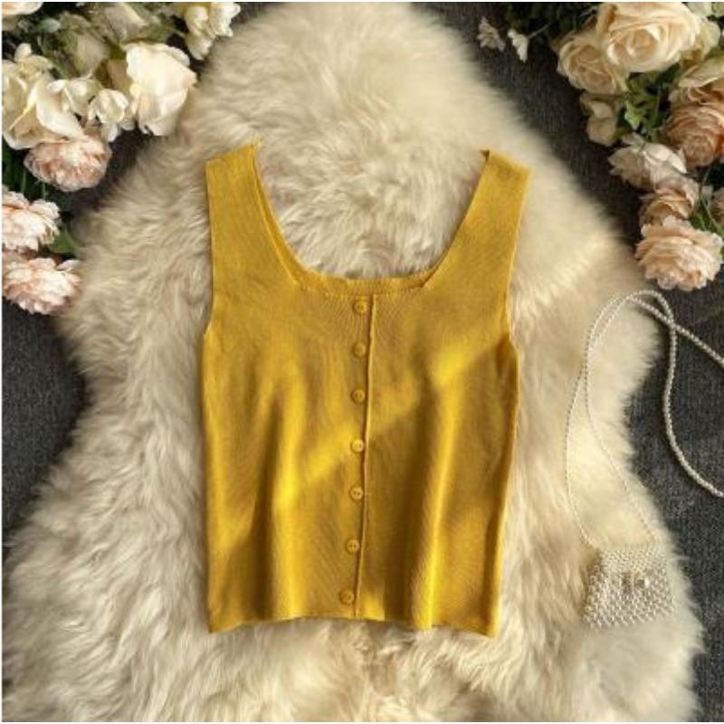 Summer New Korean Version of Simple Knit Sleeveless Jacket Buttons Carefully Machine Solid Color Short Small Vest Women