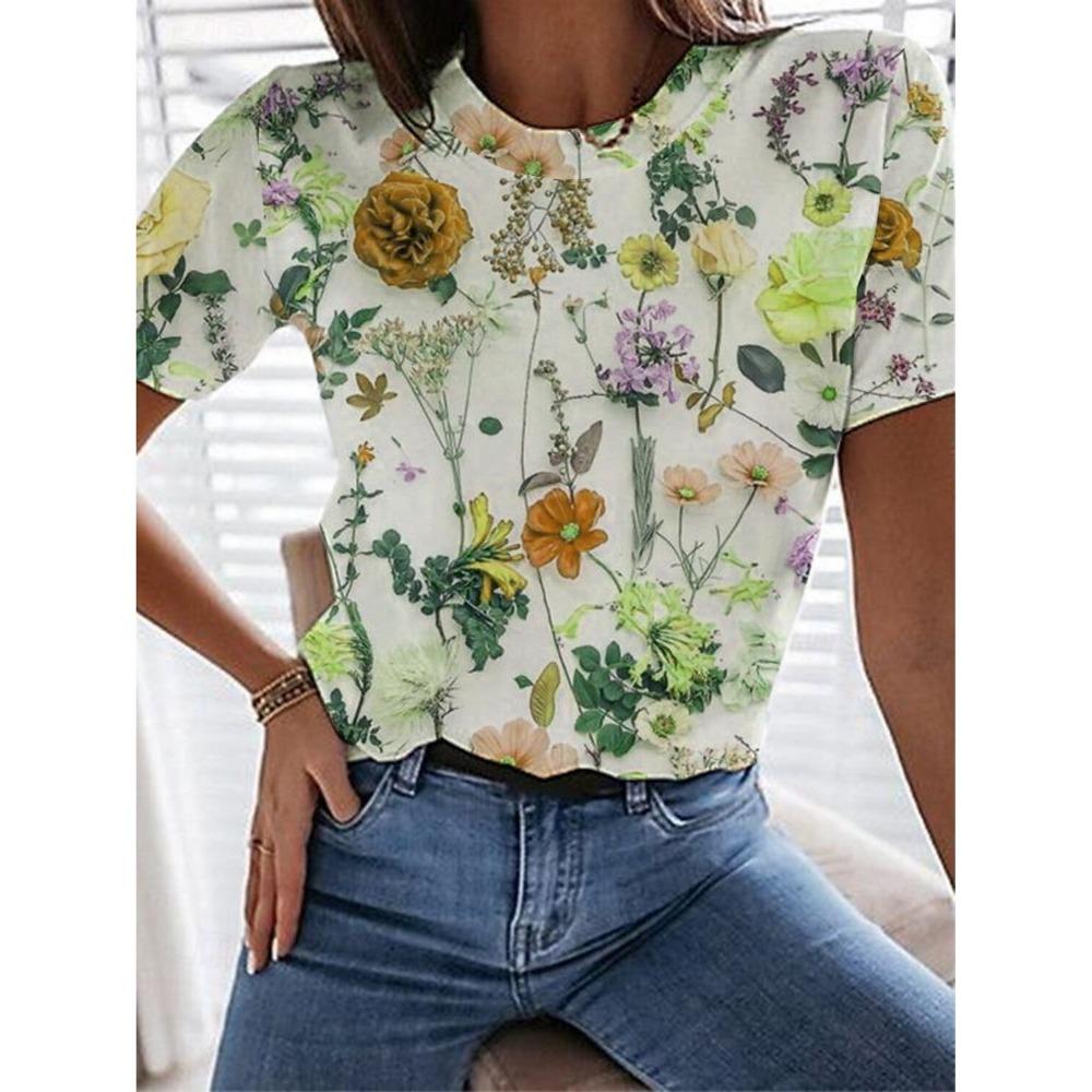 Летняя женская футболка с 3D-принтом, повседневные повседневные топы с коротким рукавом, модные футболки с круглым вырезом для женщин с цветочной графикой