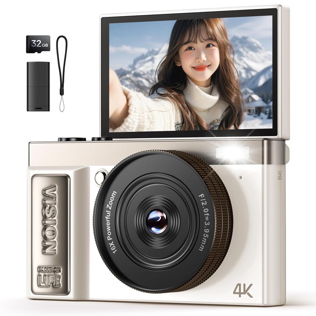 AEKOMi 4K Video 64MP Flip Digital AF Compact 16X Digital Image IPS 32GB Micro SD Card Compact and Ideal for School and with Japanese Instruction
