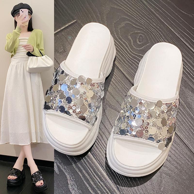 Модные 8 см нескользящие туфли-мюли на высокой платформе со стразами, женские новые летние сандалии, женские фирменные дизайнерские блестящие тапочки на танкетке