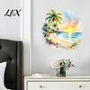 Round Beach Wall Decal Sunset Palm Tree Seaside Decal, Watercolor Summer Landscape Sticker, Scene Art for Living Room Tropical Coconut Kids