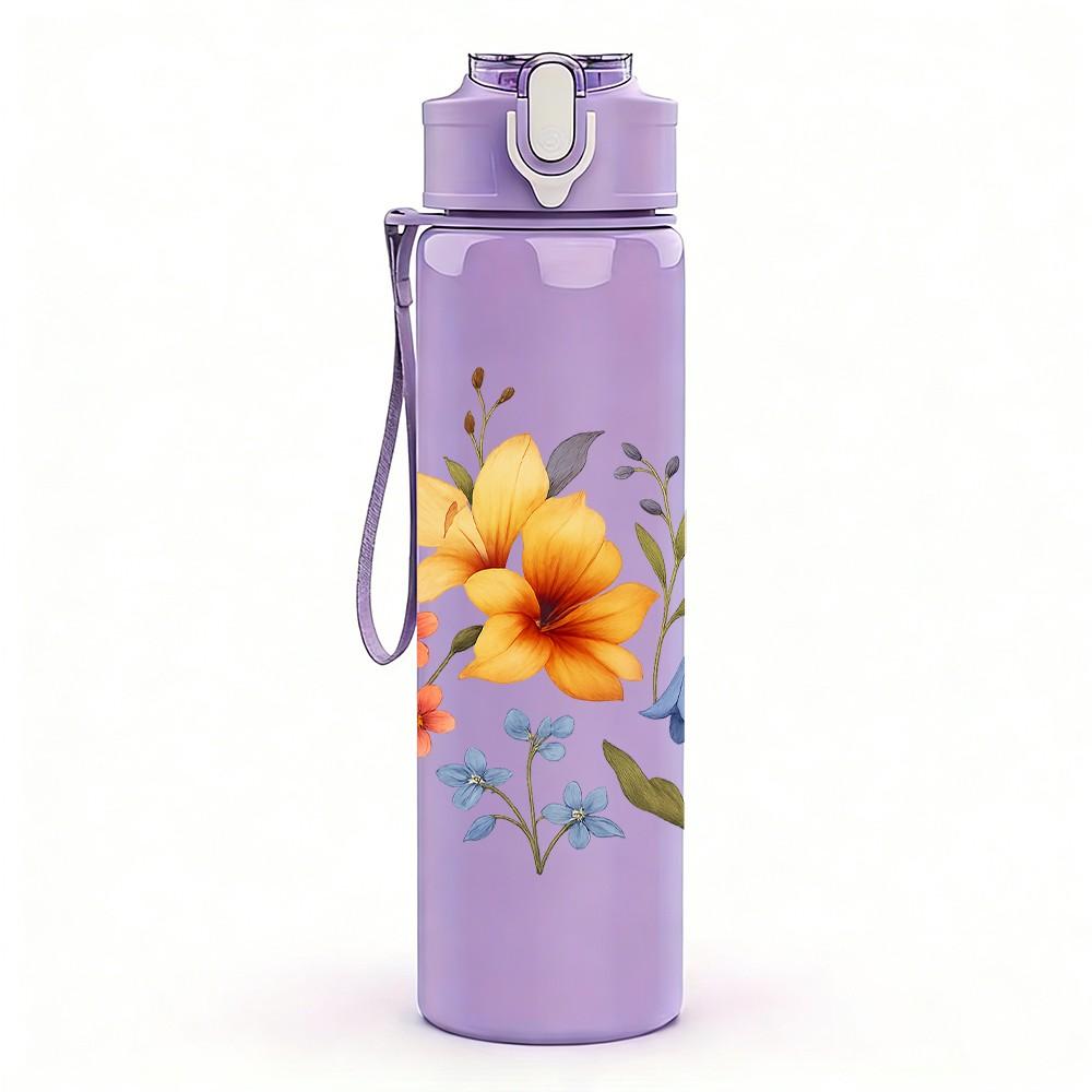 1PC Wild Floral Bouquet Art Print 750ml Color Plastic Sports Water Bottle Leakproof Flip Straw Lid Suitable for Sports Office Home Use