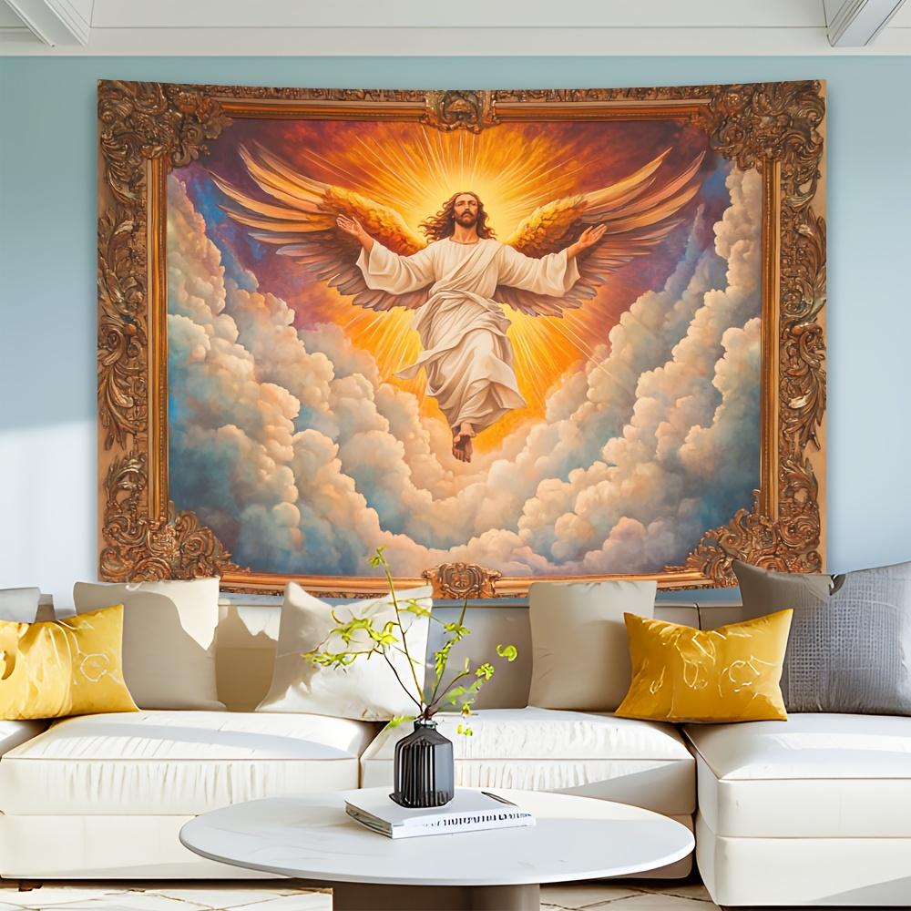 Elegant Jesus Ascension Tapestry | Angelic Figure with Golden Wings and Radiant Sun Background | Polyester Wall Hanging