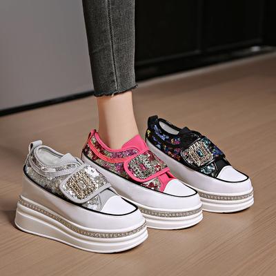 Модные женские 8-сантиметровые платформенные повседневные уличные туфли, кроссовки с кружевом и украшением стразами, для ходьбы, спортивные, дышащие, на толстой подошве