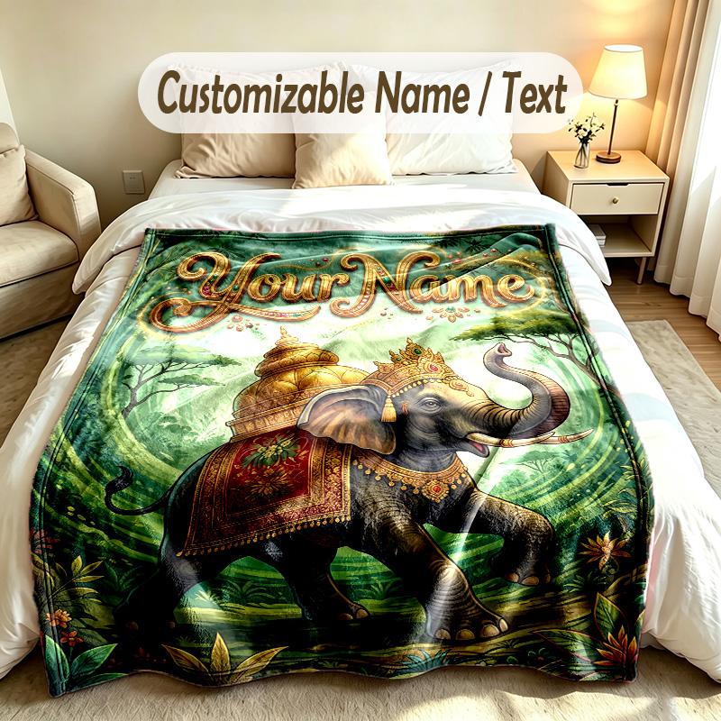 Elephant Theme Soft Blanket Personalized Custom Name Text Print Warm Blanket Home Sofa Bedroom Decor