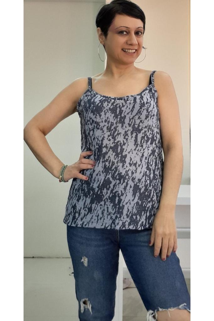 Women's Style Big Size T-Shirt Navy Blue Patterned Rope Strap Combed Cotton Viscose T-Shirt