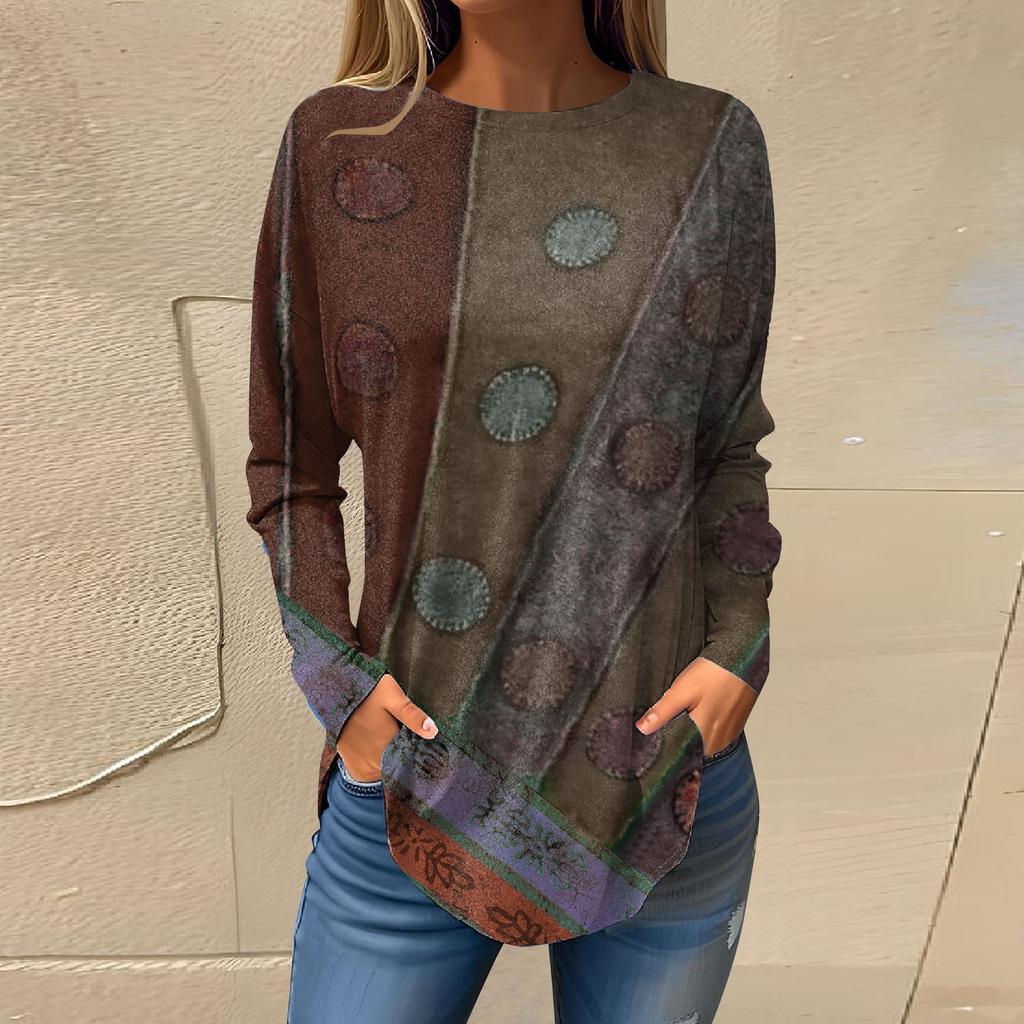 Tee Shirts For Women Fall Casual Long Sleeve Shirts Sweatshirt Retro Printing Top Pullover