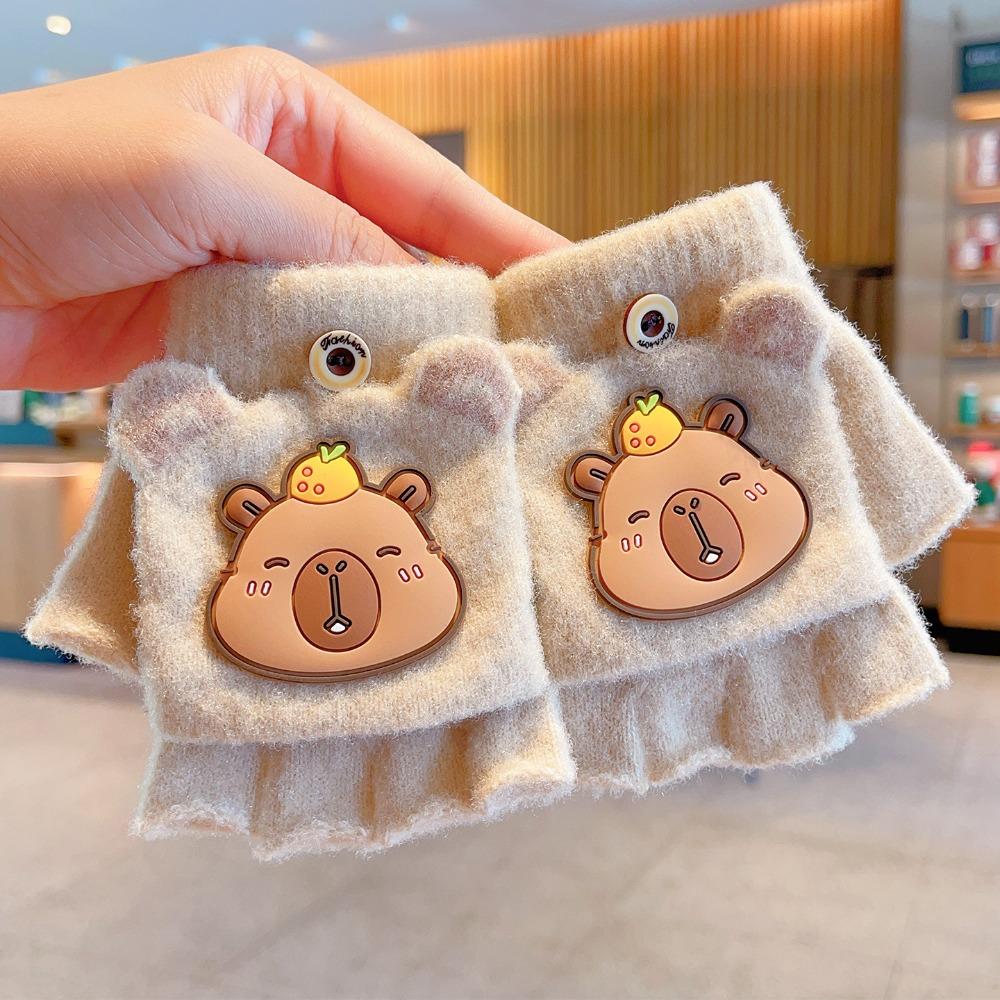Thickened Kids Knitted Mitten Cute Capybara Winter Flip Gloves New Writing Gloves Outdoor