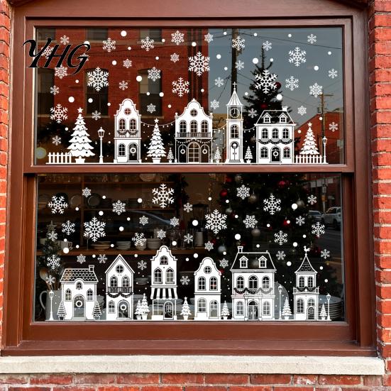 Seasonal Glass Art for Home 4Pcs Christmas Static Window Clings, White Town House Snowflake Stickers, Reusable Winter Decor Xmas Holiday Shop