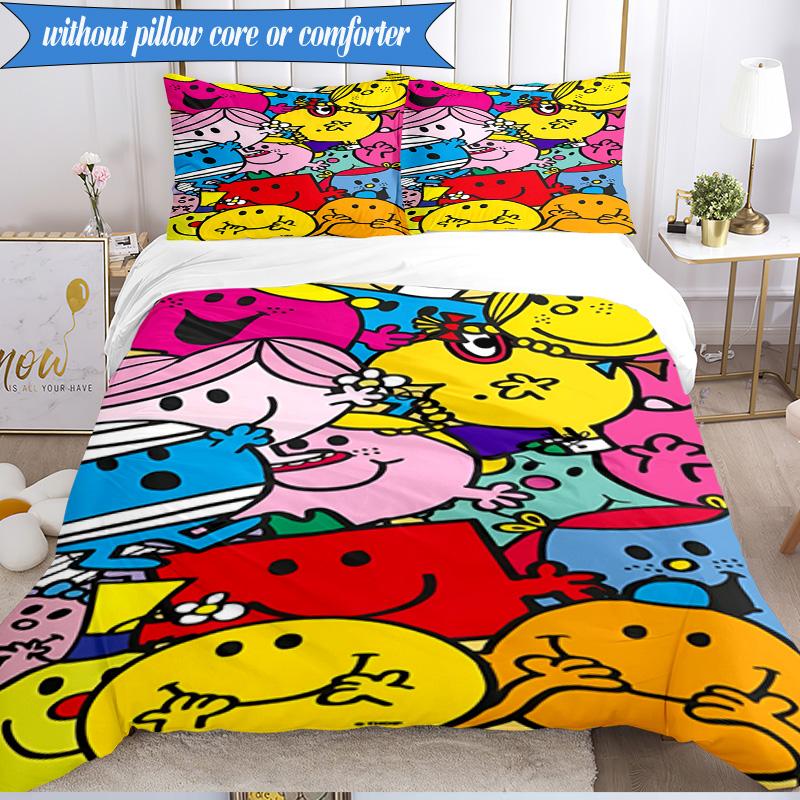 3PCS Mr Man Colorful Creatures Bedding Set 2D Printing (Includes 1 Duvet Cover + 2 Pillowcases Coreless), Bedroom decor,Fan gift