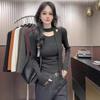 Women Halter Neck Long Sleeve Top Cutout Neck Slim Fitted Ruched Casual Blouse