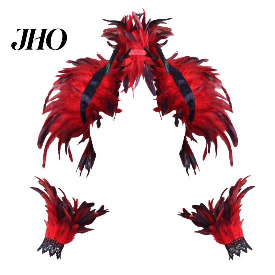 Feather Shawl 1 Set Fake Collar with Wrist Ring Gothic Style Imitation Adjustable Velvet Strap Hollow Out Lace Unisex Model Stage Show Performance