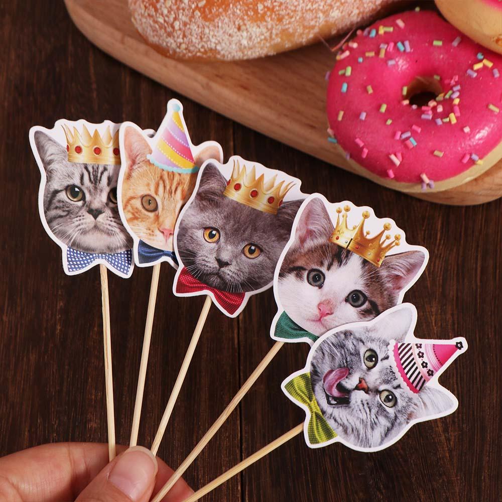 8pcs Disposable Cat Cupcake Toppers Non Toxic Cake Flag Cat Face Insert Card Party Favors