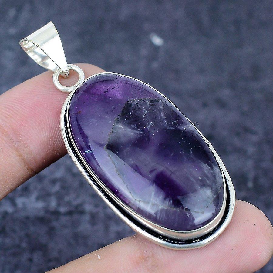 Natural Sage Amethyst Gemstone 925 Sterling Silver Jewelry Pendant 2.29" H2F85