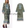 Spring New Women's Clothing Fashion Ethnic Print Stylish Temperament Long Sleeves Midi Skirt Dress 5029076