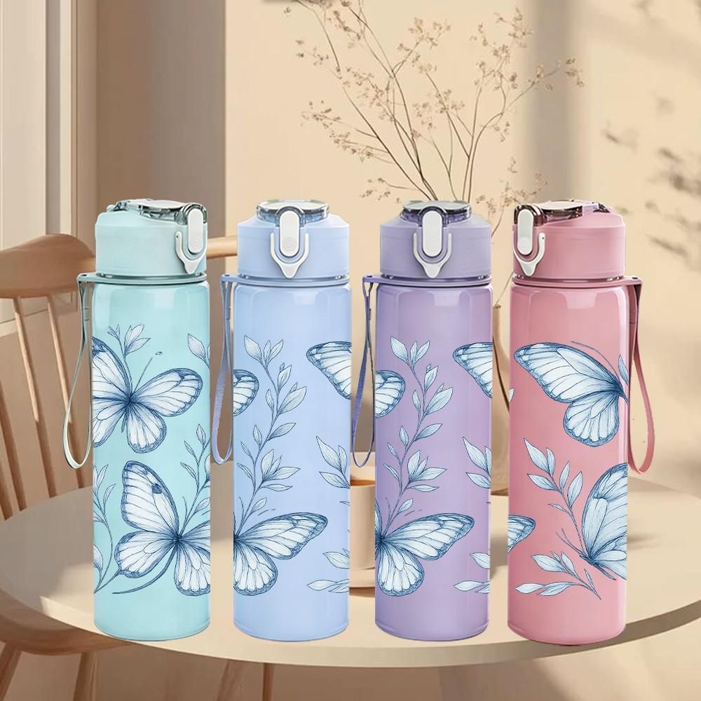 1PC Blue Butterfly Leaf Botanical Print 750ml Color Plastic Sports Water Bottle Leakproof Flip Straw Lid Suitable for Sports Office Home Use