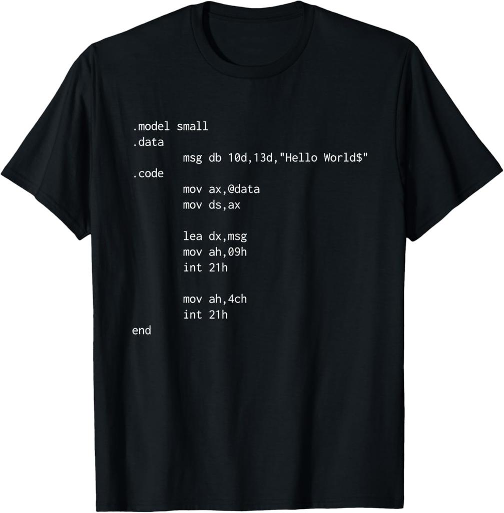 Футболка с надписью Hello World, смешной код на ассемблере для программиста