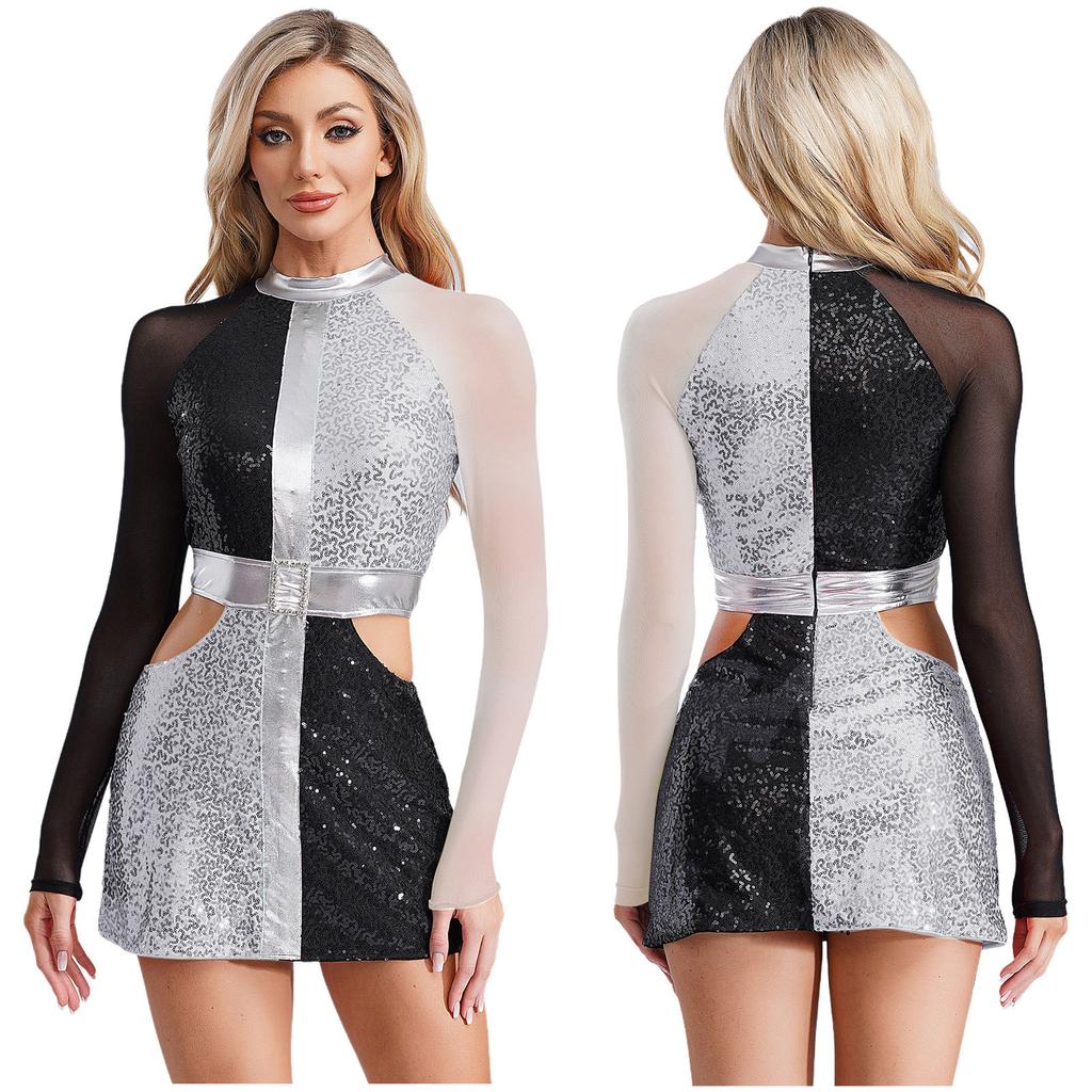 Women‘s 1960s Glitter Sequin Dress Long Sleeve Hollow Out Color Block Mini Sparkle Party Costume for Swinging Night Out