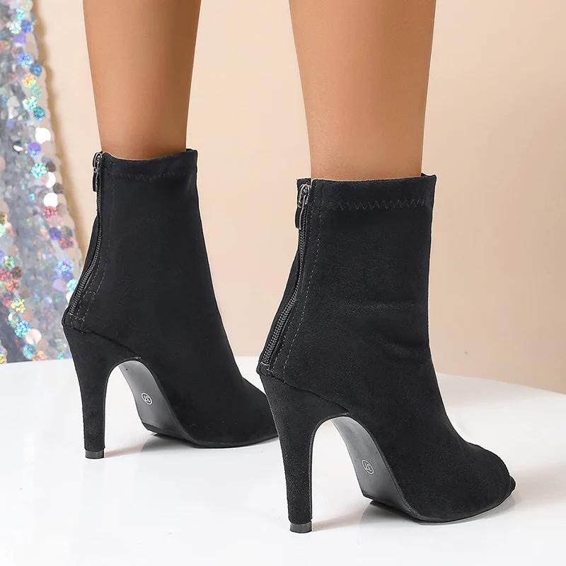 Autumn Women Peep Toe Ankle Boots Fashion Elegant Elastic Fabric Shoes High Heel Women's Zippers Morder Short Booties