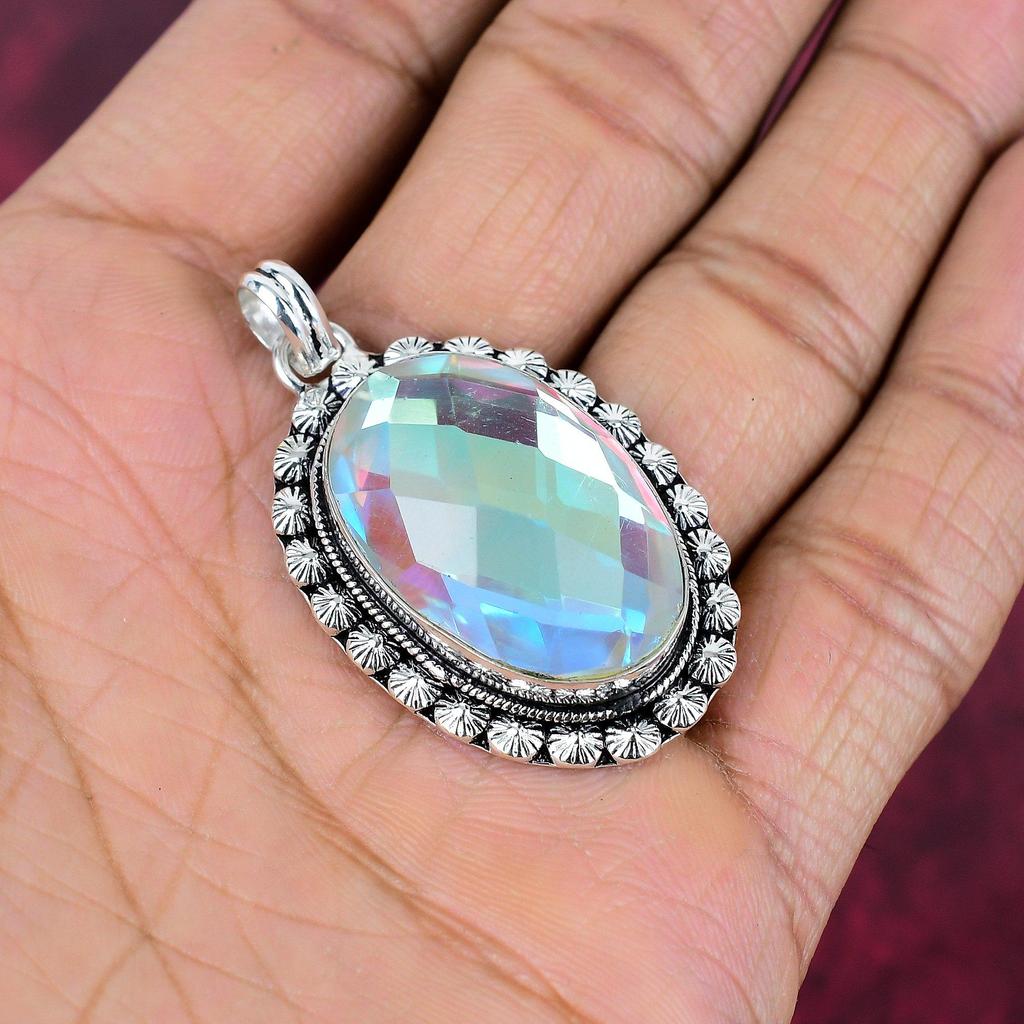 Faceted Mystic Topaz Gemstone Pendant, Handmade Jewelry, 925 Solid Sterling Silver Pendant Jewelry Gift For Love