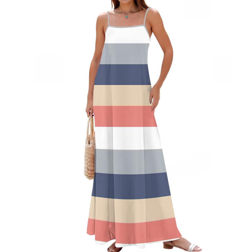 Women's Spring And Summer Casual Fashion Adjustable Suspenders Printed Long Dress