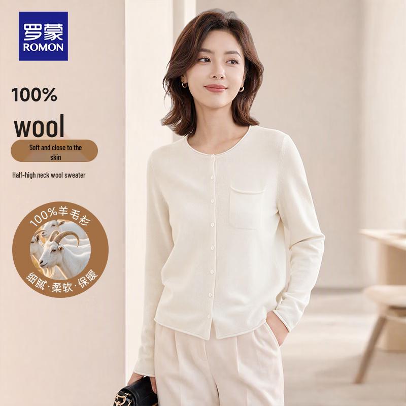 ROMON Women's Solid Color Pure Wool Cardigan