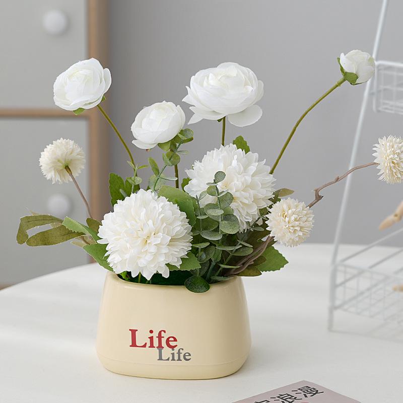 Living Room Decor: Artificial Sunflower and Green Plant Arrangements, Small Potted Plants, and Plastic Bouquets