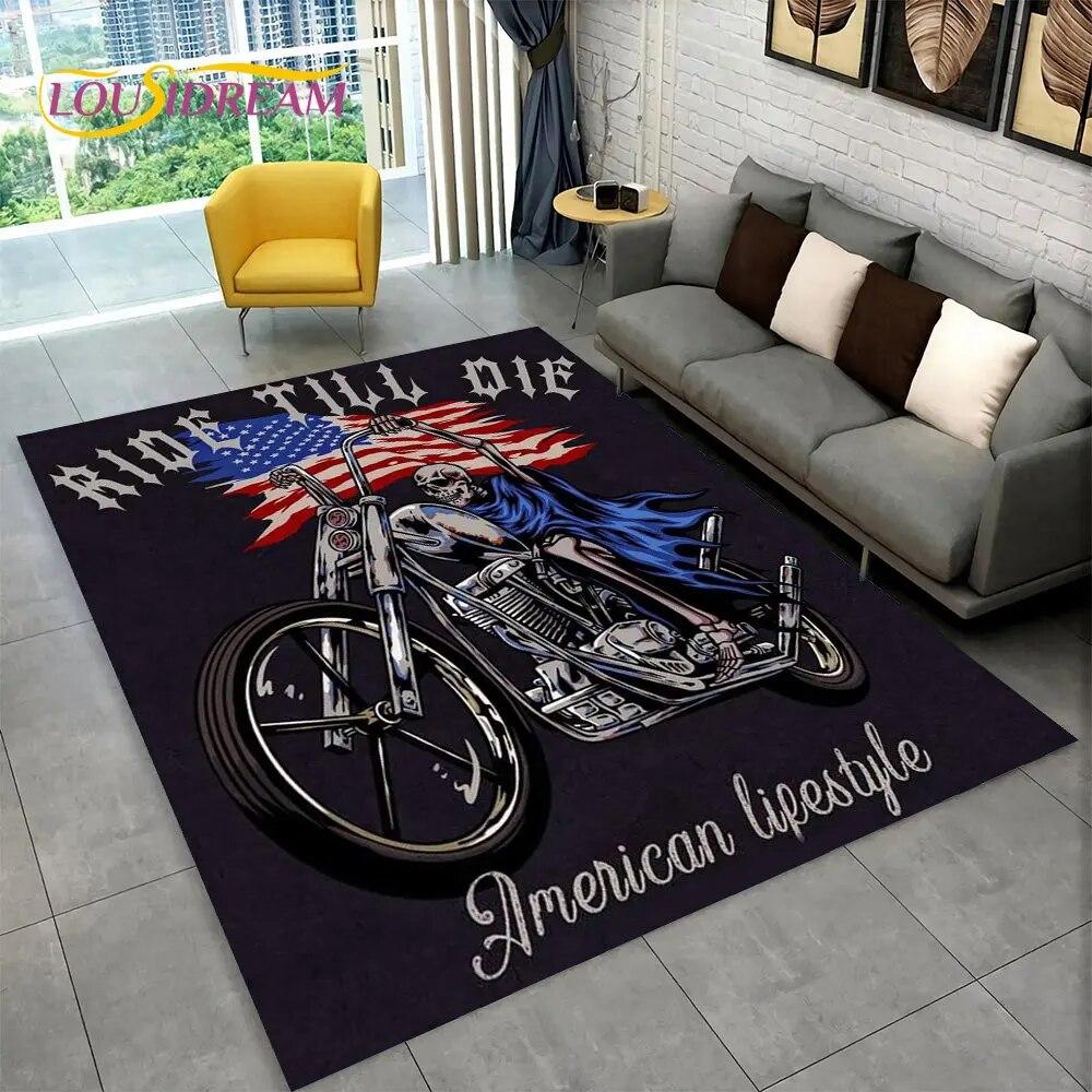 Retro Vintage Motorcycle Skull Area Rug,Carpet Rug for Living Room Bedroom Sofa Doormat Kitchen Decor,Child Non-slip Floor Mat