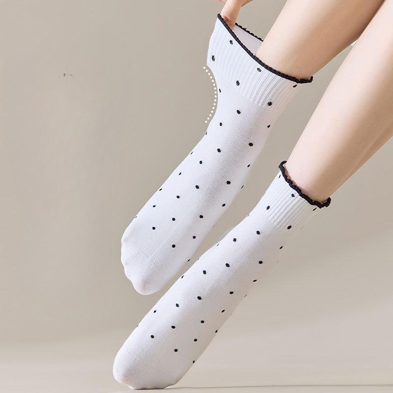 Черные носки с кружевом из древесного гриба для женщин, стиль весна и осень, махровые носки, хлопковые носки, летние носки в горошек с отворотом, бесшовные носки до середины икры