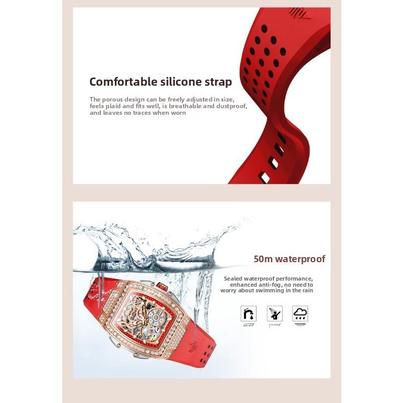 OUPINKE Часы, Скелетонизированные Прямоугольные Силиконовые Автоматические Механические Резиновые Водонепроницаемые Женские Часы