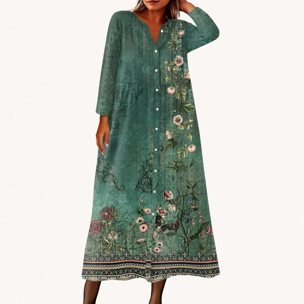 Women's Fashionable Printed Round Neck Seven Quarter Sleeve Button Loose Shirt Dress