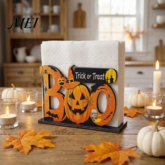 Festive Dining Table Ornament Halloween Wooden Napkin Holder, Ghost Pumpkin Decorative Tabletop Tissue Dispenser, Rustic Kitchen Counter Storage Paper