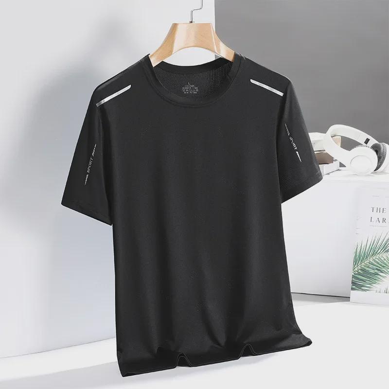 Мужская быстросохнущая футболка из высокоэластичного материала Ice Silk - однотонная, с коротким рукавом, лето 2024 года, спортивный повседневный топ