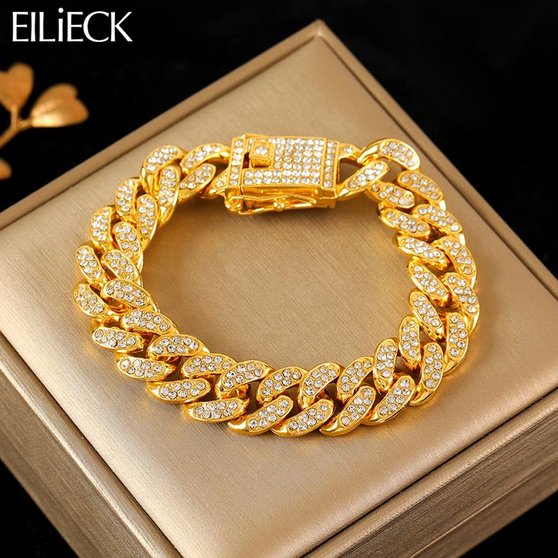 EILIECK Браслет-цепочка Кубинская цепь из нержавеющей стали 316L Золотого цвета Для женщин Мужчин Модный Панк Водонепроницаемая Браслет на запястье Подарок Вечеринка