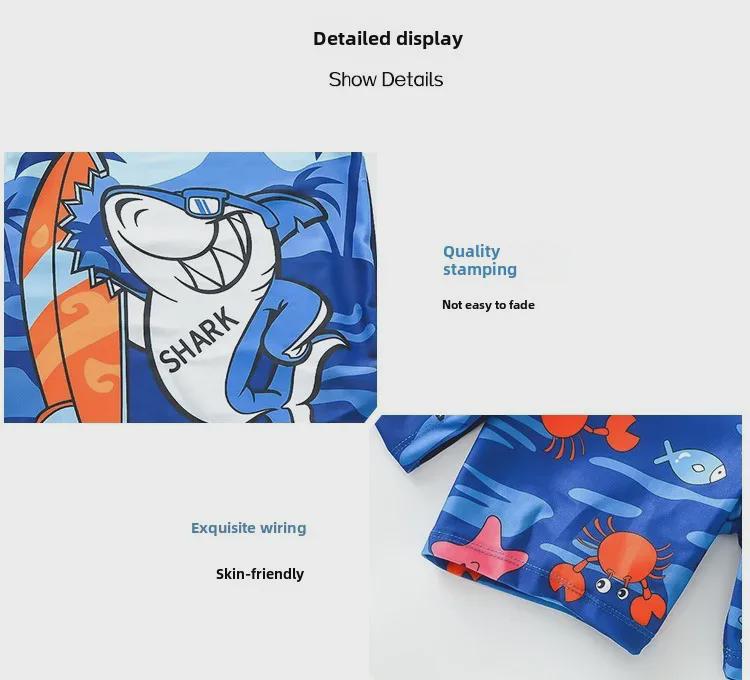 Комплект детского синего купальника с мультяшным акуленком, защитой от УФ-лучей и шапочкой для плавания