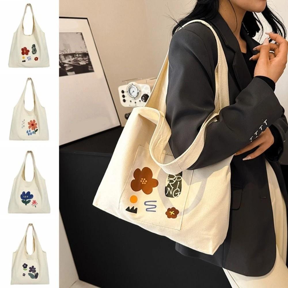 Korean Style Canvas Shoulder Bag Large Capacity Women's Armpit Bag Cute Flower Tote Bag  Girls
