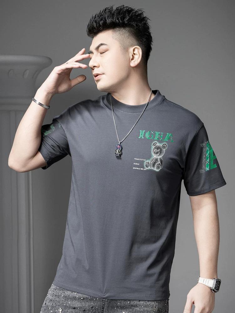 European Goods 2025 Summer New Fashion Brand Rhinestone Bear Print Short-Sleeve T-Shirt Men's Round Neck Half-Sleeve Tee Top