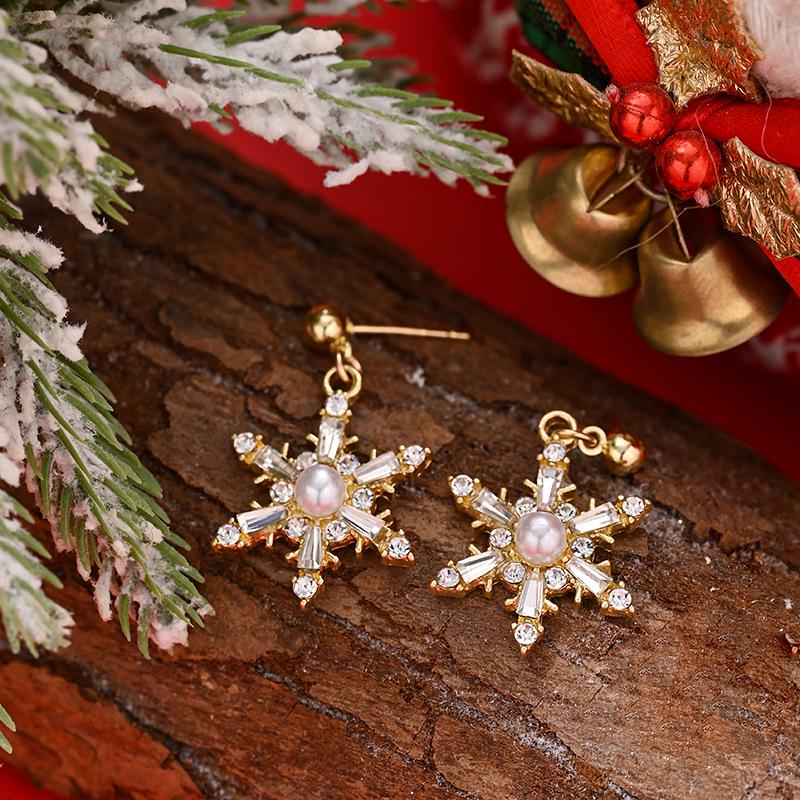 Европейские и американские рождественские серьги-кисточки со снежинками из циркона и искусственным жемчугом