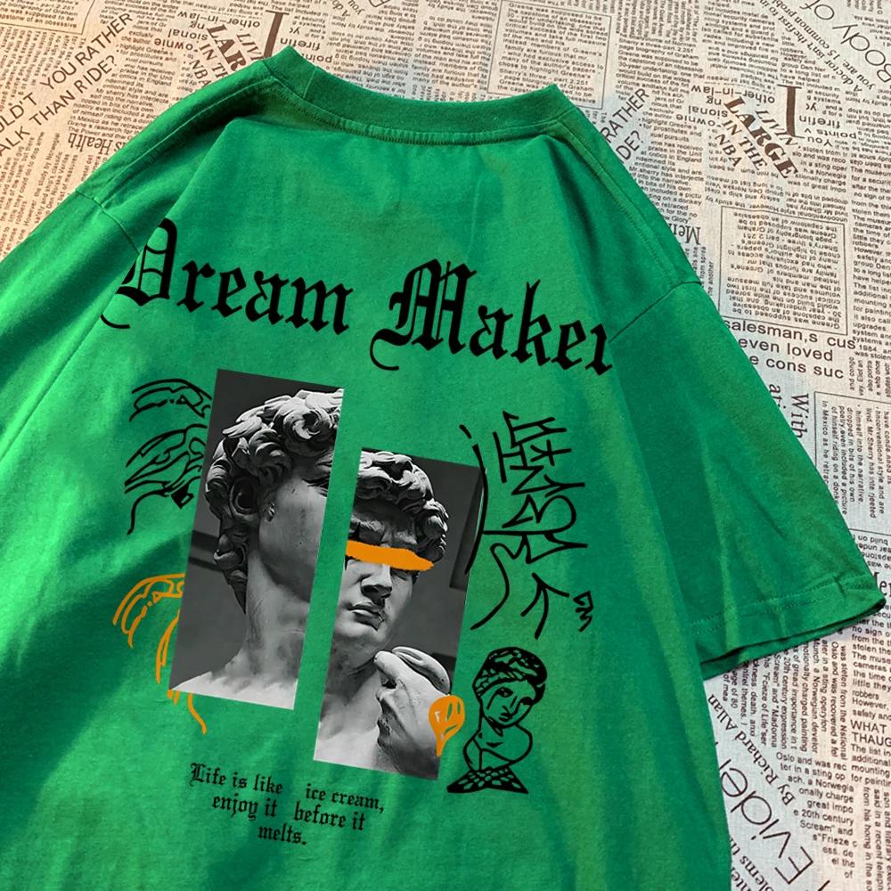 Мечта Создатель Смелый Скульптура Pattern Одежда Мужская Винтаж Хлопок Уличная одежда Парные футболки с круглым вырезом Однотонные летние топы