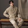 2 Pcs/Set Men Pajamas Set Round Neck Thick Sleepwear Set Loose Elastic Waist Warm Male Homecoat Set Men Homewear Top Pants Sets