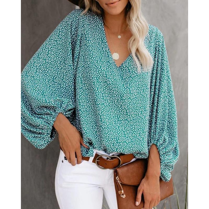 1116 European and American women's clothing summer new V-neck lantern sleeve top V-neck loose shirt women