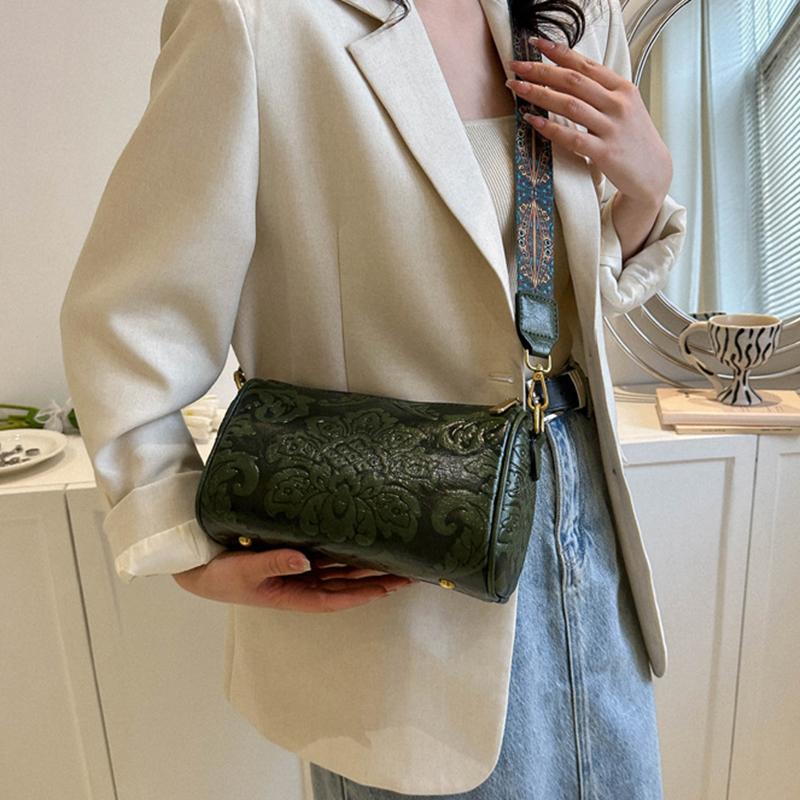 Yogodlns Винтажная сумка через плечо с цветочным тиснением в этническом стиле, цилиндрический кошелек, женская сумка на плечо с широким ремешком