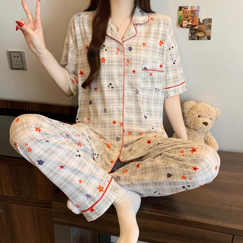 Light luxury leopard print ins style fashion spring new imitation cotton pajamas women's casual short-sleeved trousers two-piece set