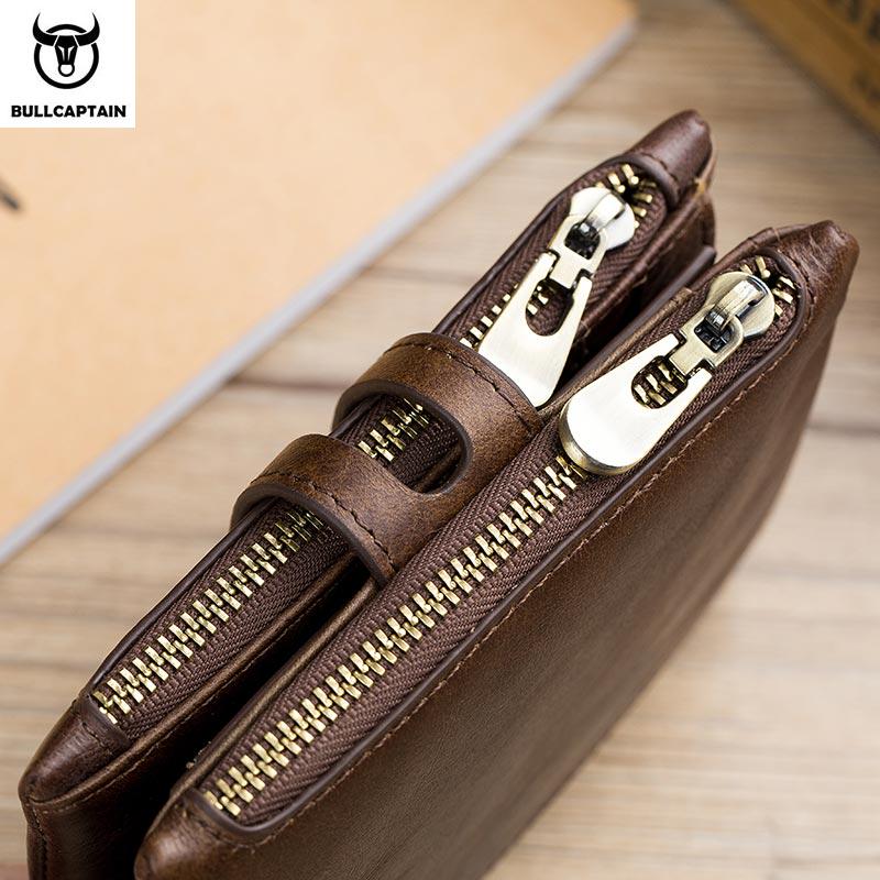 BULLCAPTAIN Натуральная кожа RFID мужской кошелек кредитные визитницы двойная молния кожаный кошелек Carteira 021