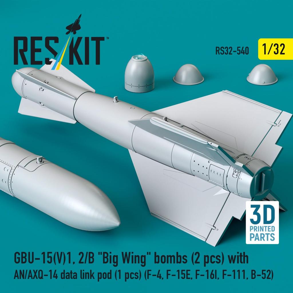 Reskit Guided Bomb Big Wing with Data Link Pod Plastic Model Kit Parts 1/32 GBU-15(V)1, 2/B (2 pieces) AN-AXQ-14 (1 piece) RSK32-0540 (Airplane)